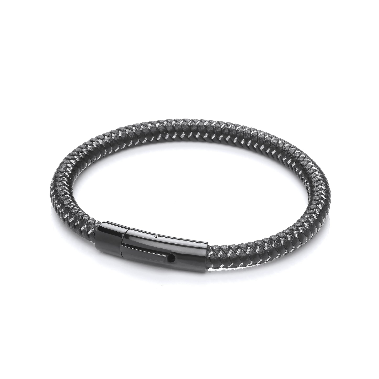 Gents Black Leather Plait Bracelet With Steel Design Clasp