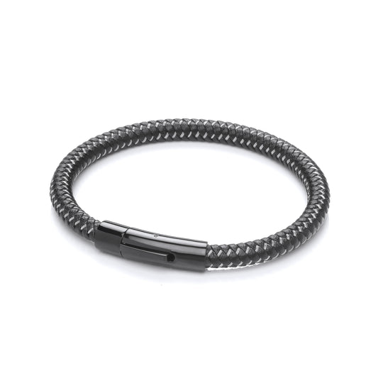 Gents Black Leather Plait Bracelet With Steel Design Clasp