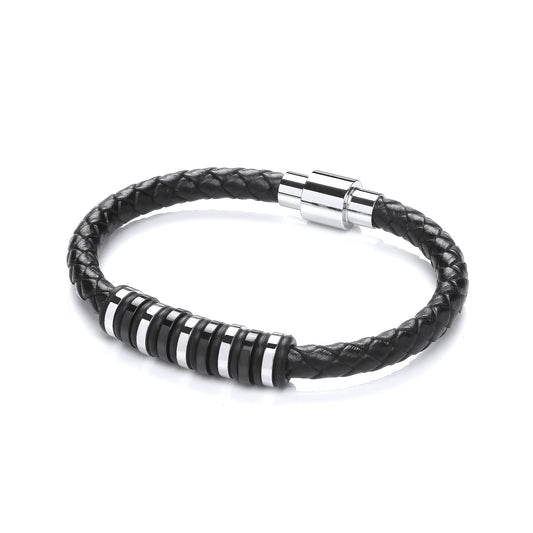 Gents Black Leather Plait Bracelet With Steel Design Clasp