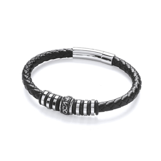 Gents Black Leather Plait Bracelet With Steel Design Clasp