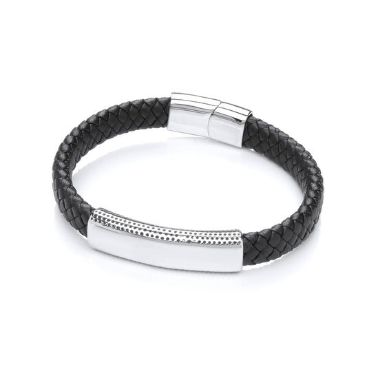 Gents Black Leather Plait Bracelet With Steel Design Clasp