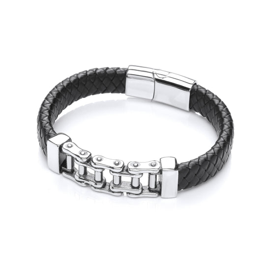 Gents Black Leather Plait Bracelet With Steel Design Clasp