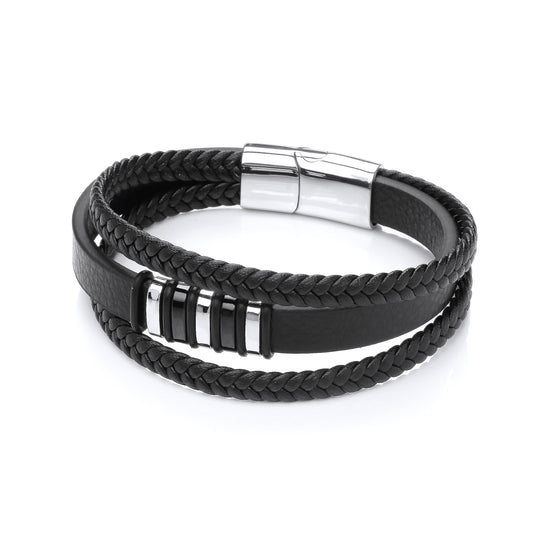 Gents Black Leather 3 Band Bracelet With Steel Design Clasp