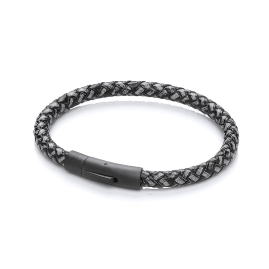 Gents Black Leather Plait Bracelet With Steel Design Clasp