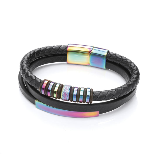 Gents Black Leather Bracelet With Multi Colour Steel Design