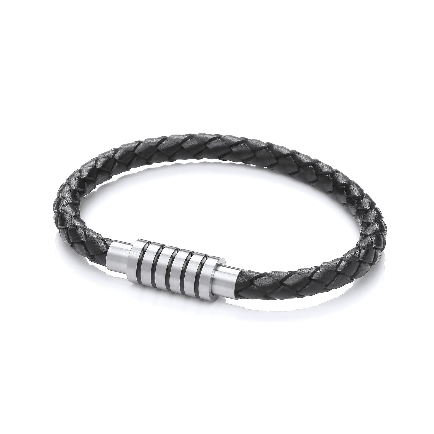 Gents Black Leather Plait Bracelet With Steel Design Clasp