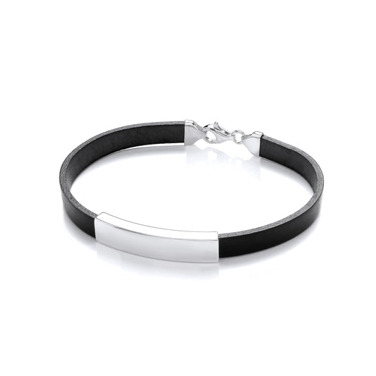 Gents Black Leather Bracelet With Silver Design Plate