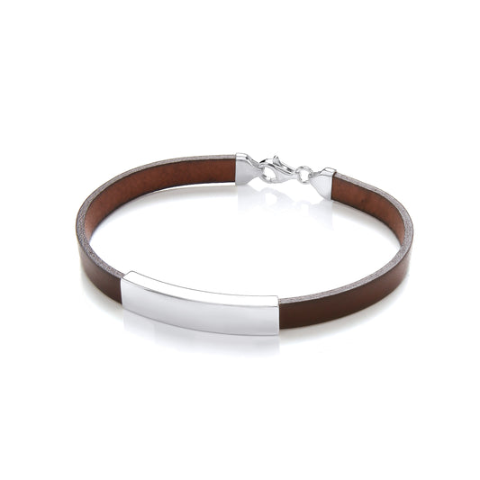 Gents Brown Leather Bracelet With Silver Design Plate