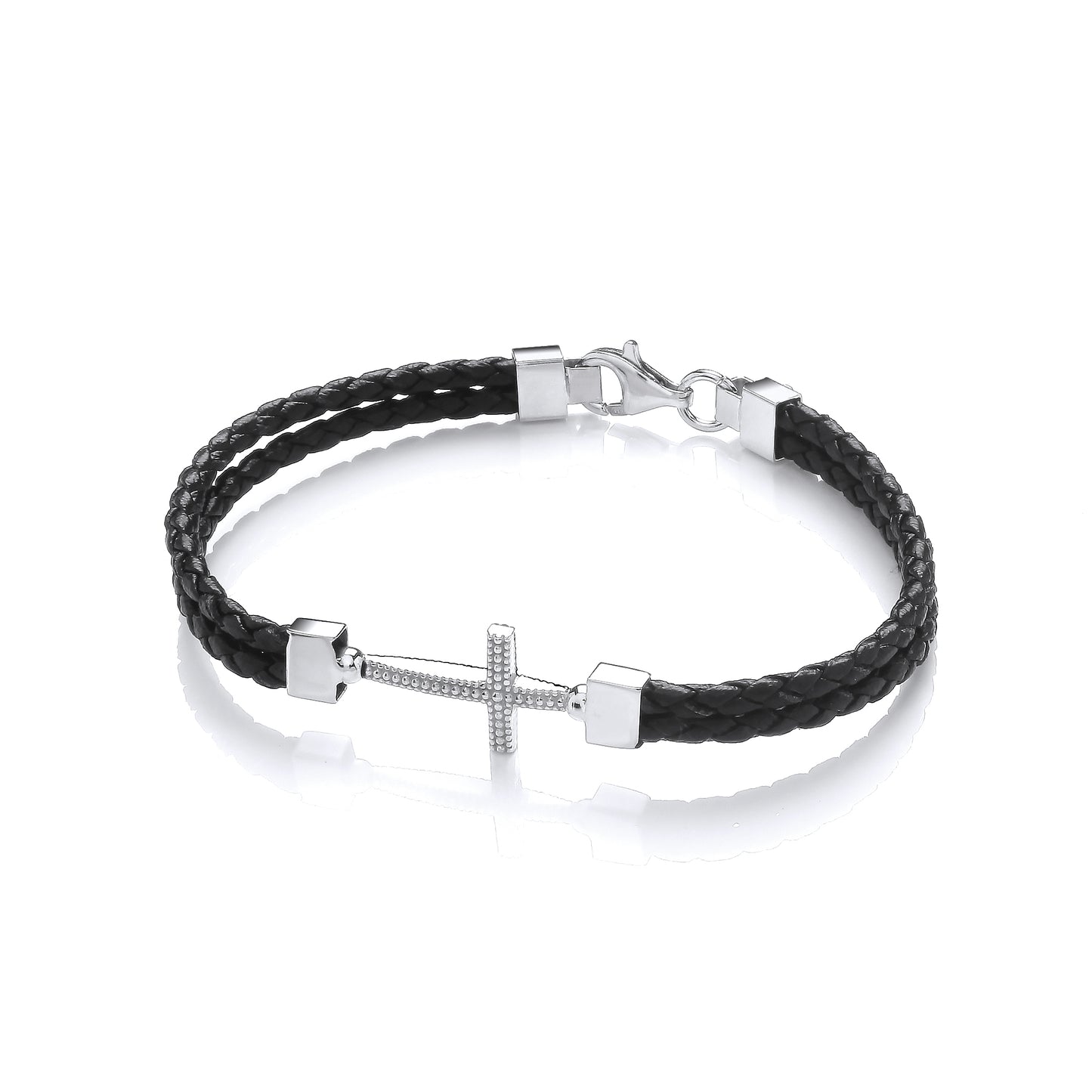 Black Leather Plaited Bracelet With Silver CZ Cross Plate