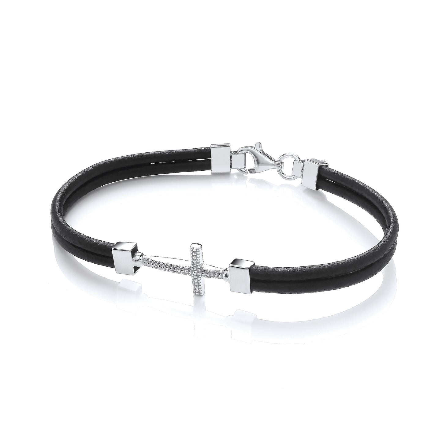 Black Leather Bracelet With Silver CZ Cross Plate