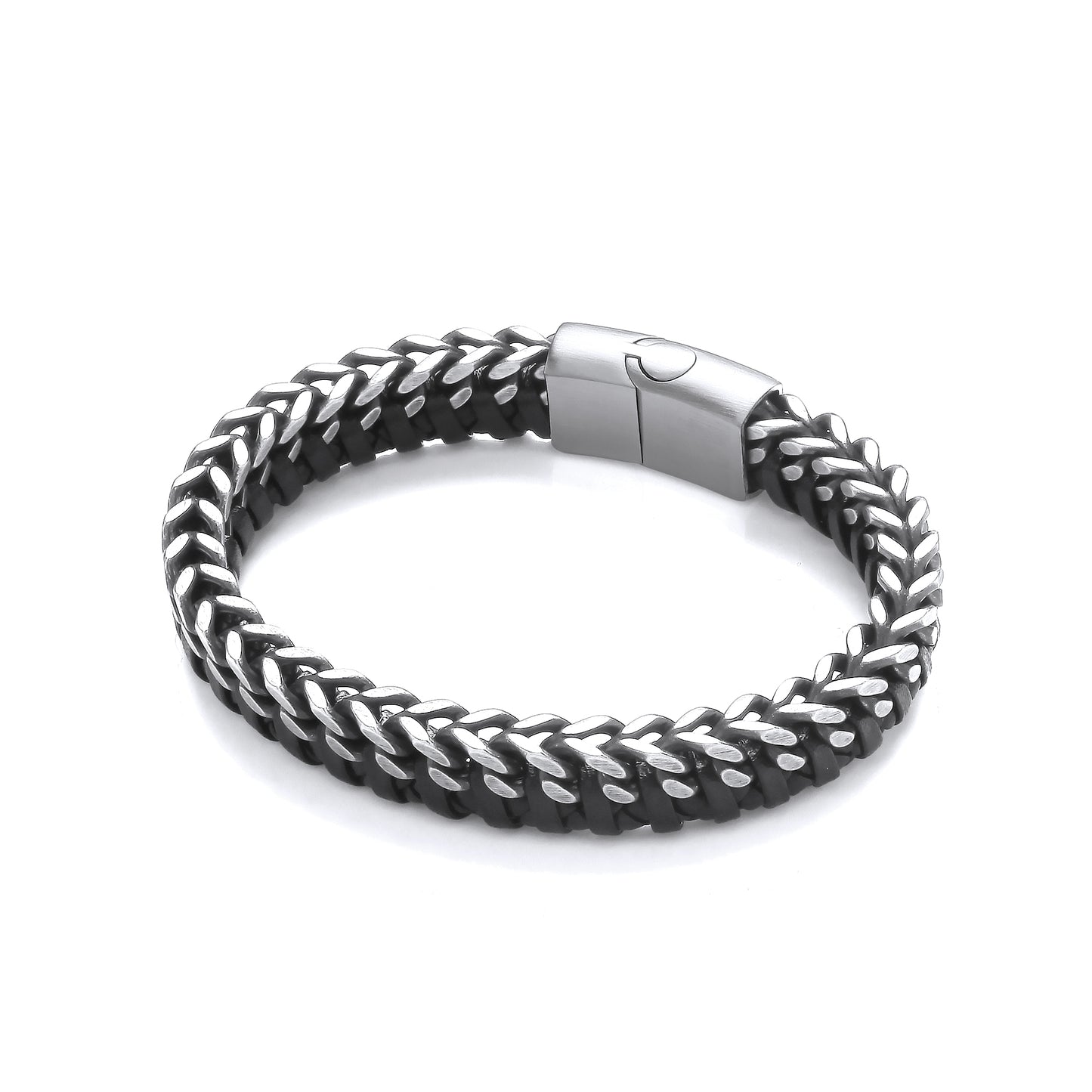 Gents Plaited Leather & Steel Bracelet