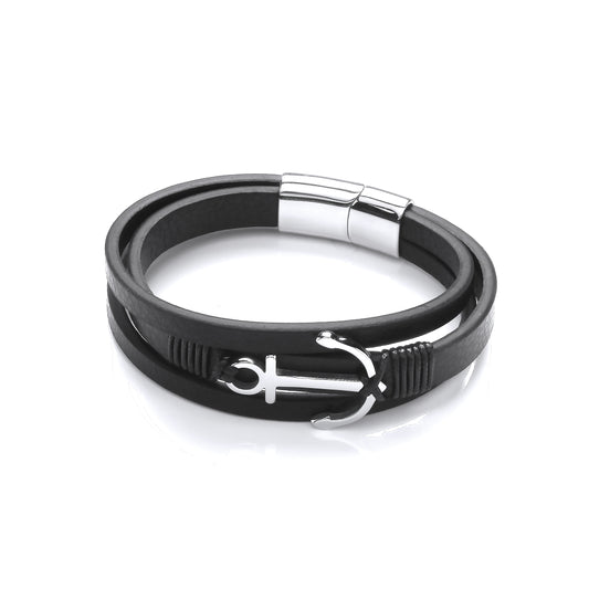 Gents Leather & Steel Anchor Bracelet With Steel Clasp