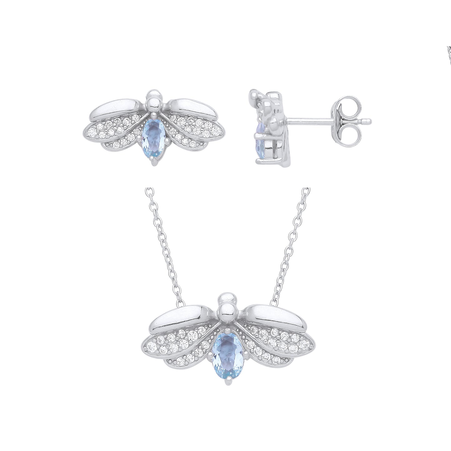 Stud 925 Sterling Silver Rhodium Plated Colourless & Aqua Cubic Zirconia Earring & Pendant Set