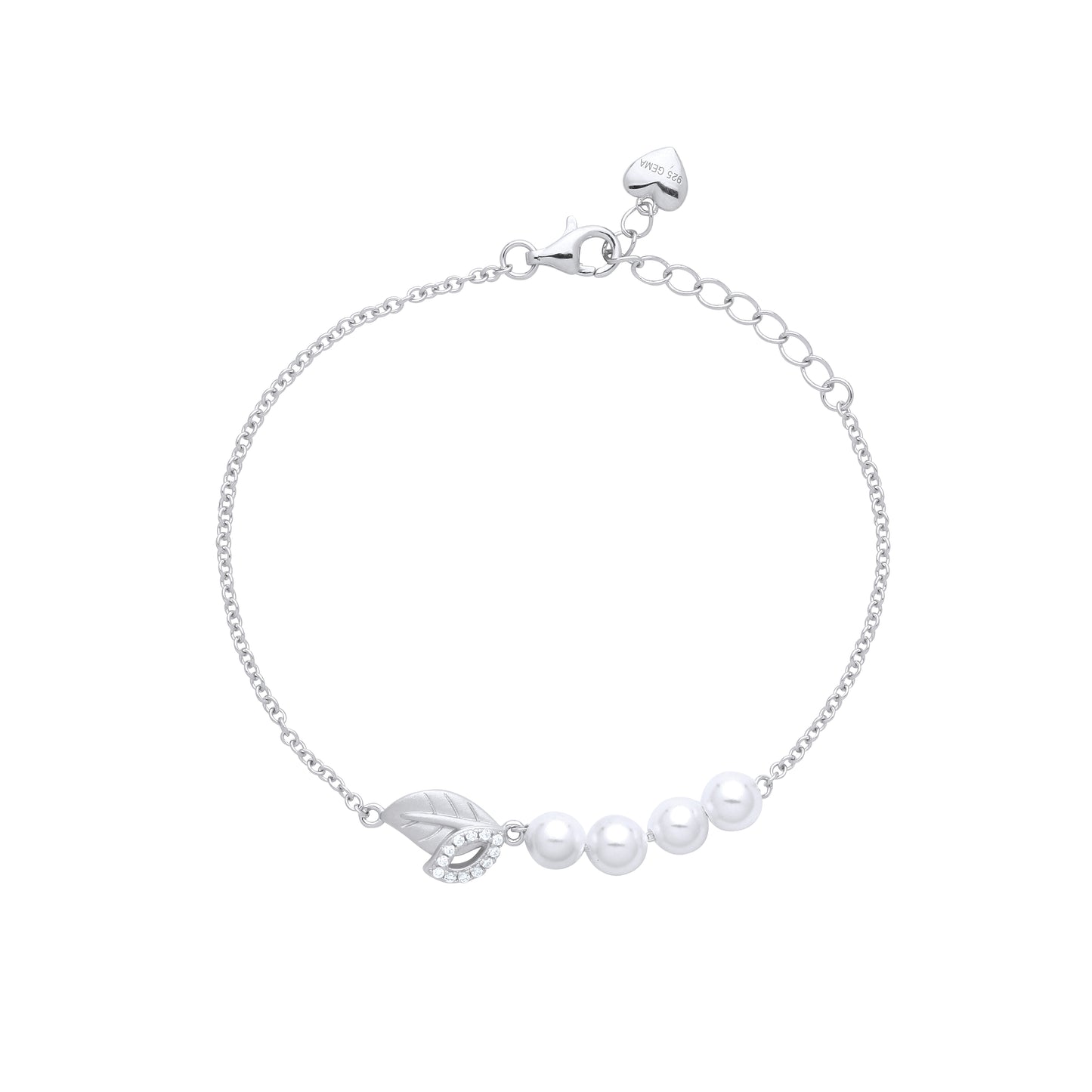 Adjustable Silver CZ Leaf & Pearl Fancy Bracelet