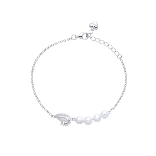 Adjustable Silver CZ Leaf & Pearl Fancy Bracelet