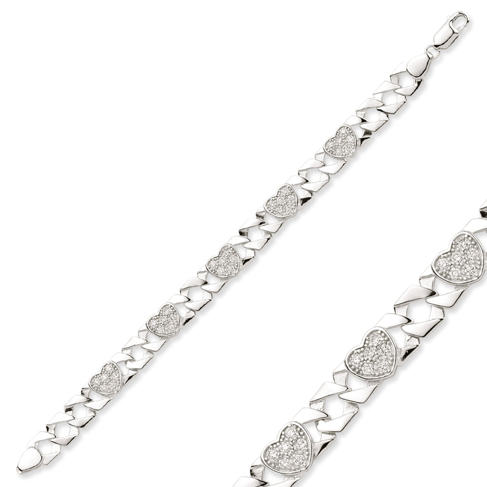 Tennis Silver Children's CZ Heart Polished Curb Bracelet - 6"