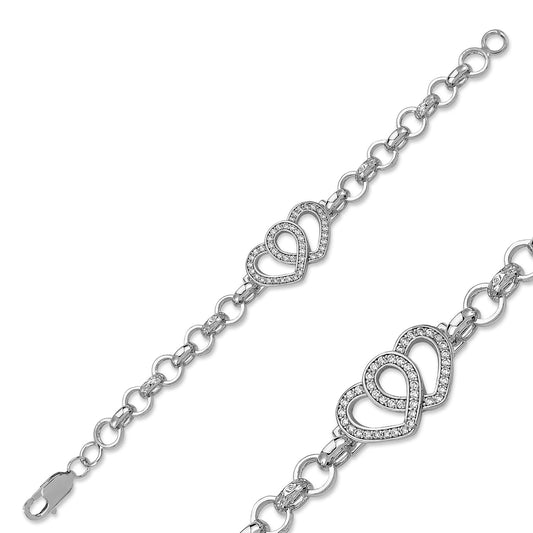 Tennis Silver Children's CZ Double Heart Belcher Bracelet - 6"