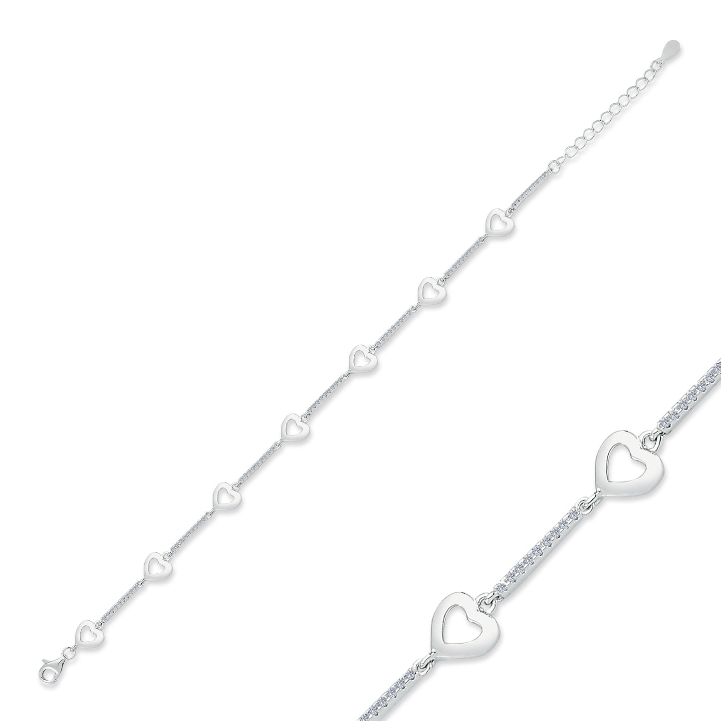 Tennis Silver CZ Fancy Polished Hearts Bracelet