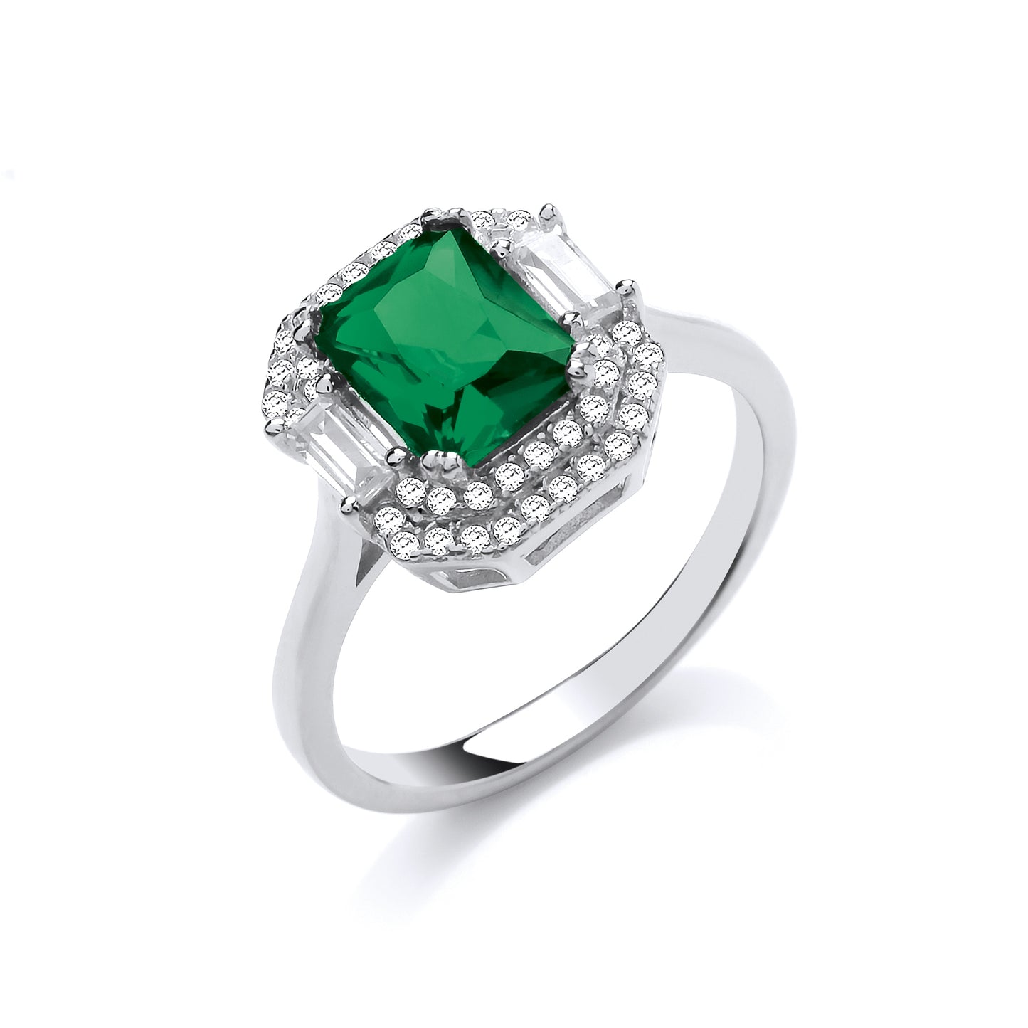 Fashion Silver Rhodium Plated CZ & Emerald/Sapphire Fancy Ring