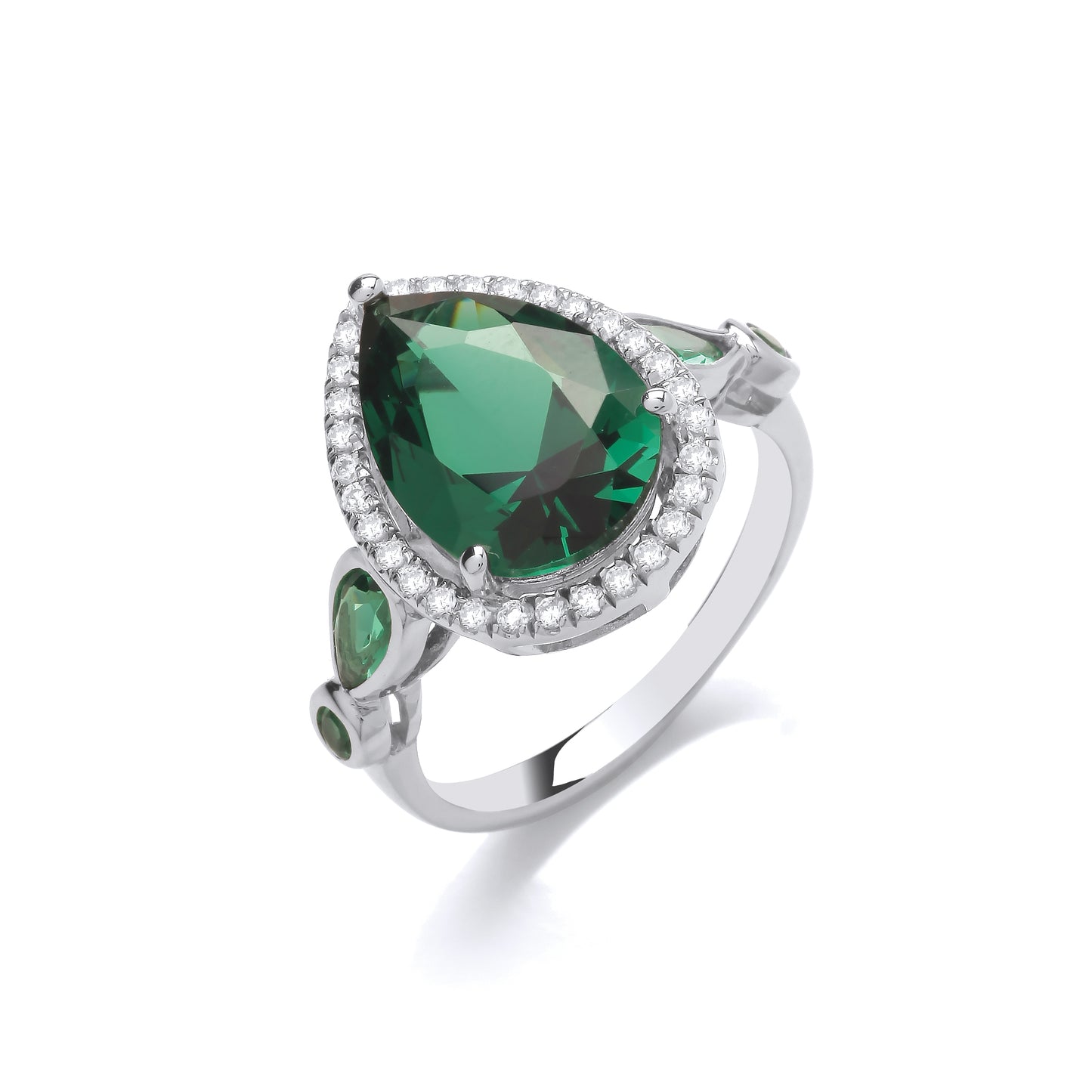 Fashion Silver CZ & Emerald Ladies Pear Drop Ring