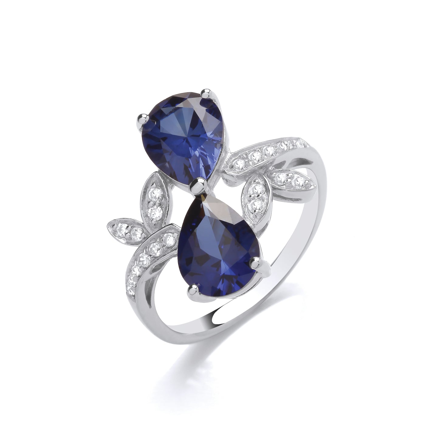 Fashion Silver CZ & Sapphire Double Teardrop Ring With Leaf Detail