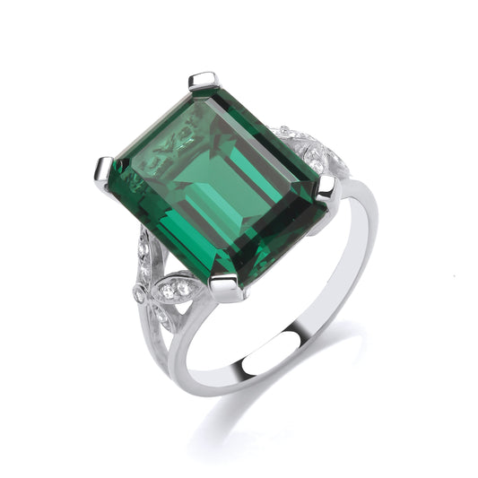 Fashion Silver CZ & Emerald Ladies Fancy Ring