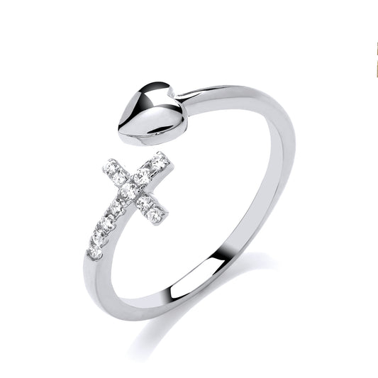 Fashion Silver CZ Cross & Heart Crossover Ring