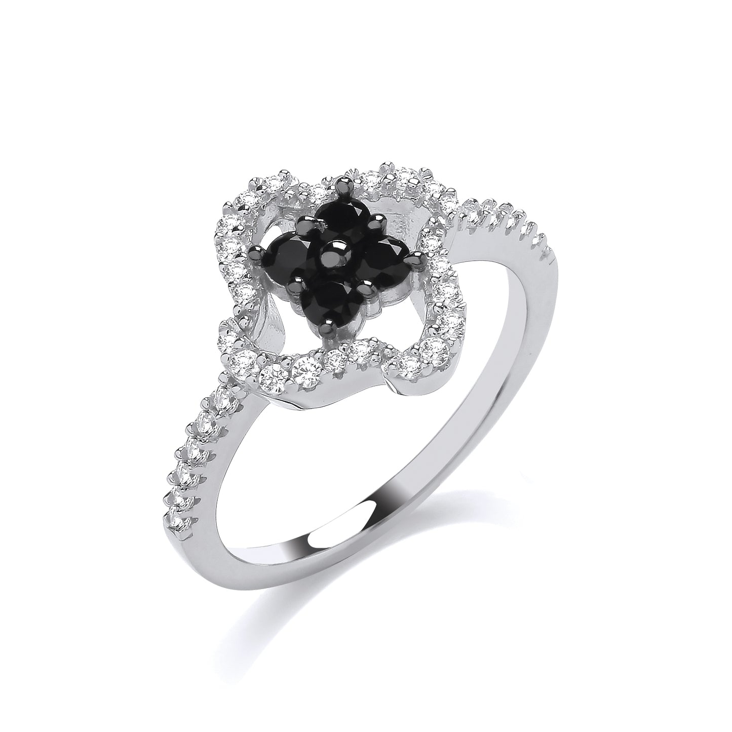 Fashion Silver CZ & Black CZ Flower Fancy Ring