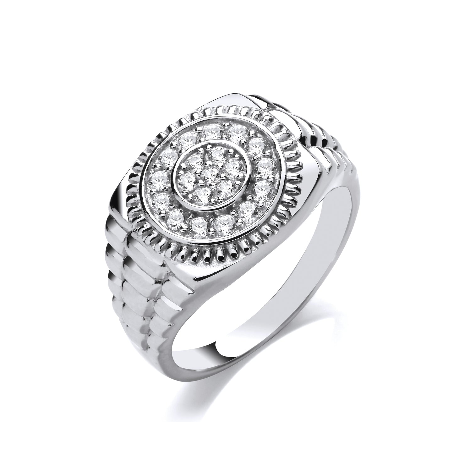 Signet Silver CZ Gents Round Signet Ring With Watch Strap Design