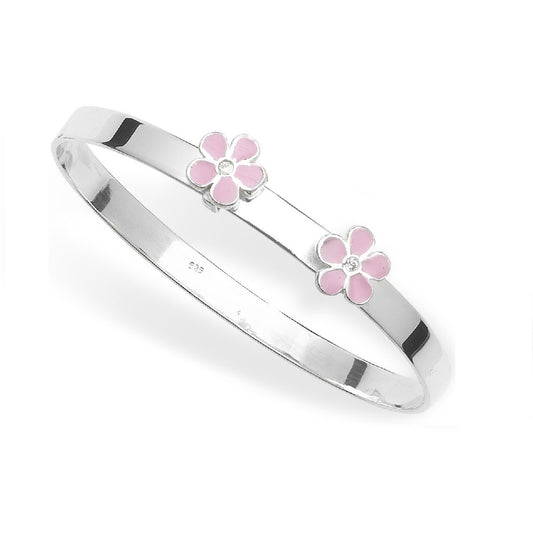 Silver Childs Pink Enamel Double Flower Expandable Bangle