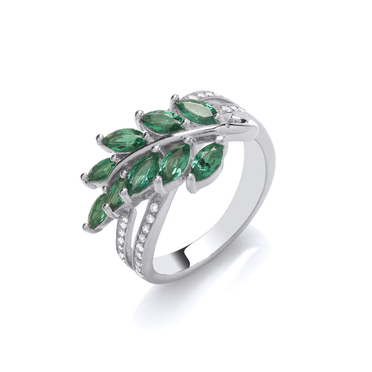 Silver CZ & Emerald Ladies Fancy Leaf Ring